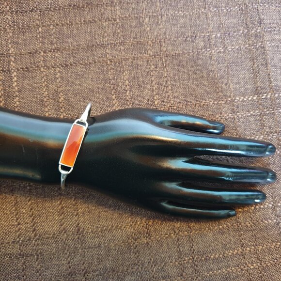 Rare Vintage Mexico 925 Sterling Silver Carnelian Enamel Bangle Bracelet - Picture 6 of 11